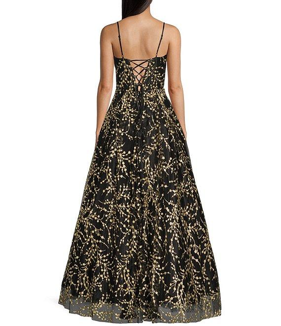 Blondie Nites Mesh Glitter Floral Sweetheart Neck Sleeveless Long Dress Product Image