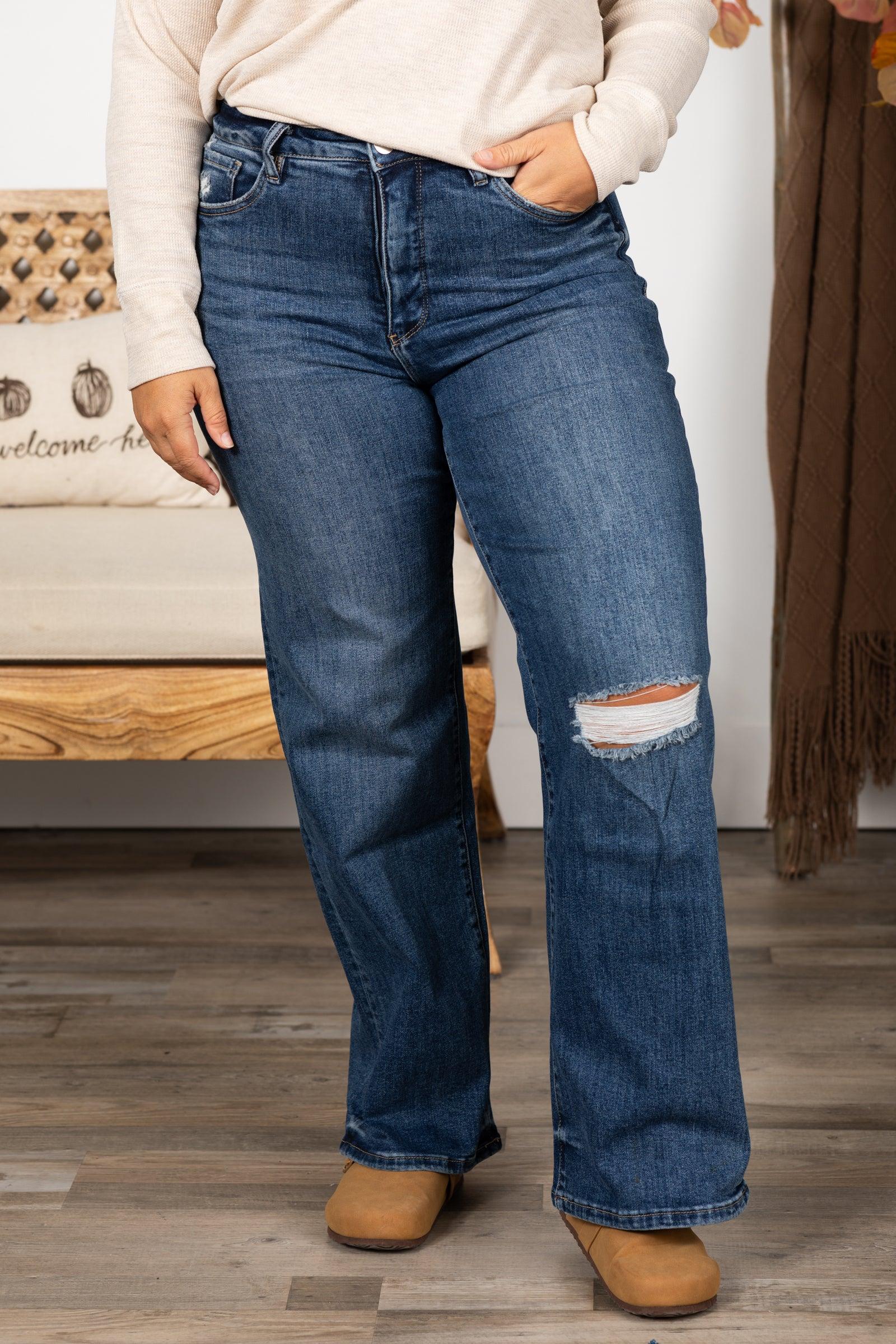 RFM Medium Wash Distress Knee Wide Leg Jean Product Image