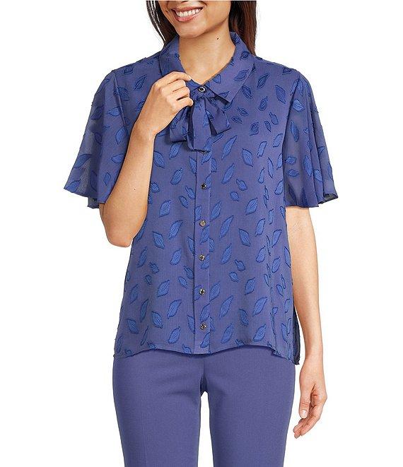 Calvin Klein Printed Novelty Point Collar Flutter Sleeve Button Front Blouse Product Image