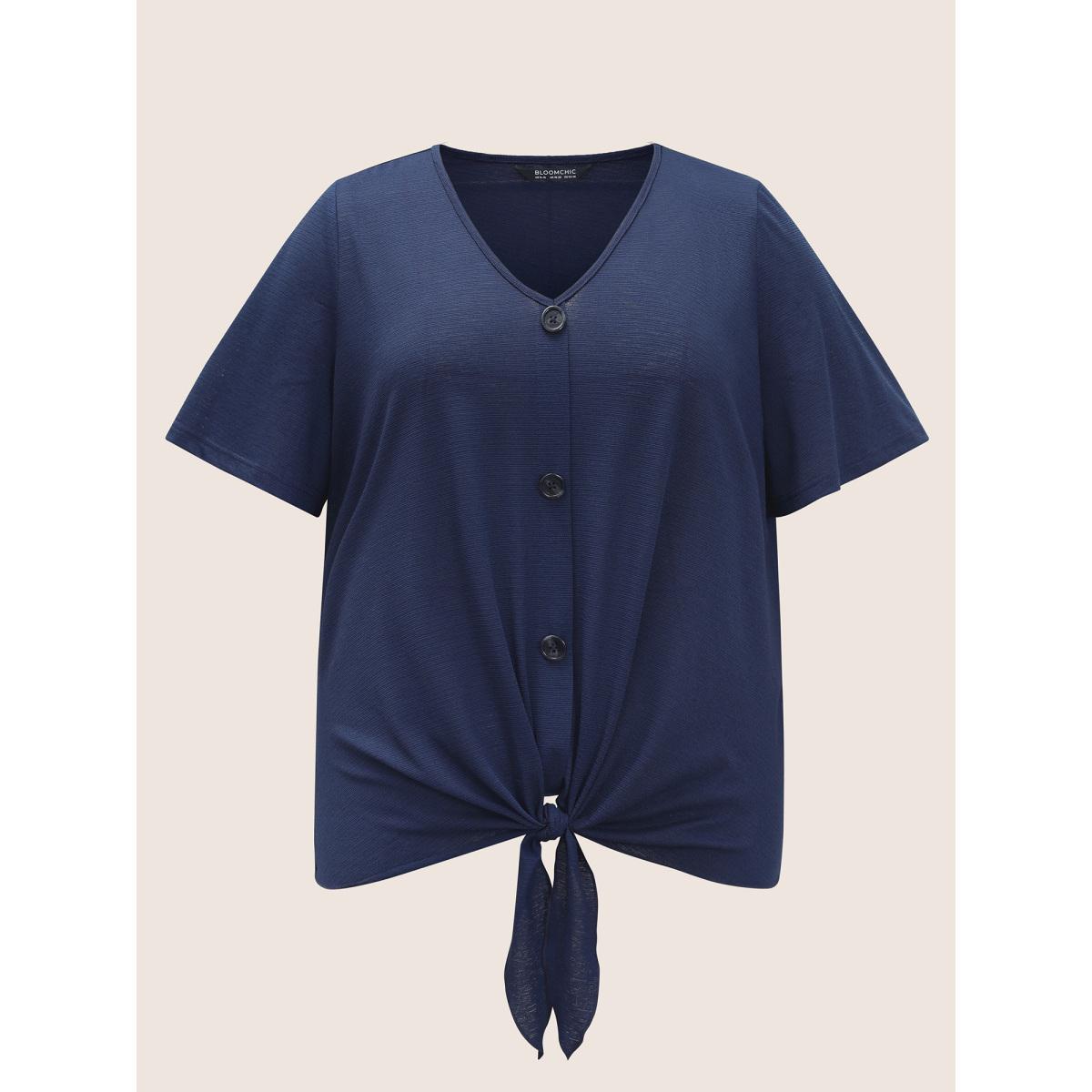 Plus Size Plain Twist Front Button Detail T-shirt Midnight Women Casual Tie knot Plain V-neck Everyday T-shirts BloomChic 10/M Product Image