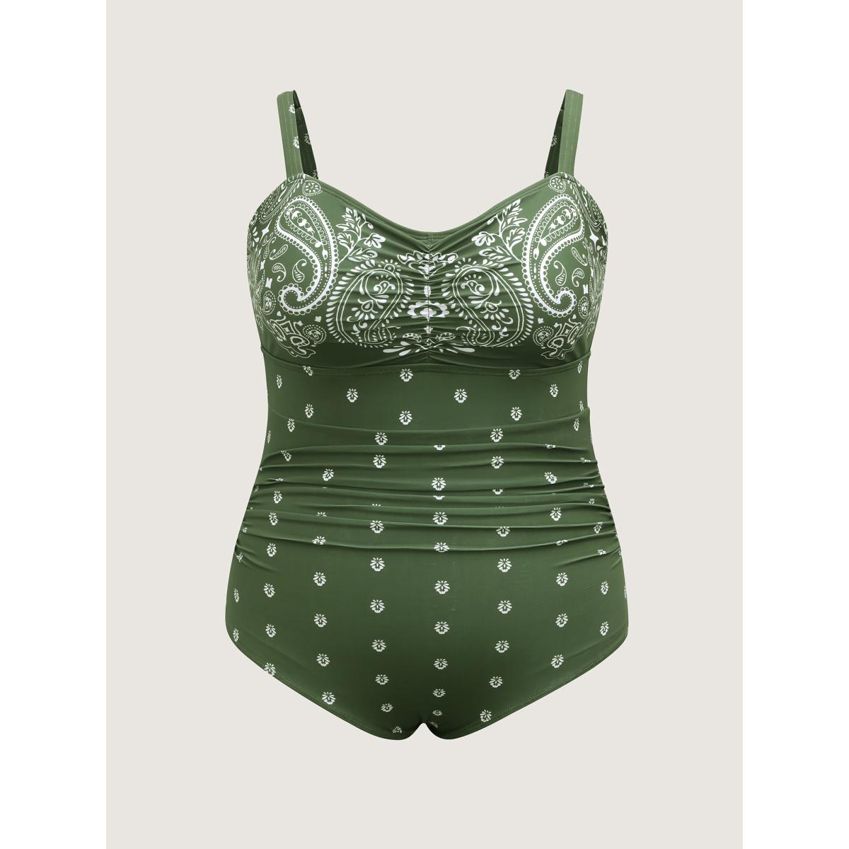 Plus Size Paisley Print Ruched One-Piece Swimsuit Women's Swimwear ArmyGreen Beach Gathered Curve Bathing Suits High stretch One Pieces BloomChic 30/6X Product Image