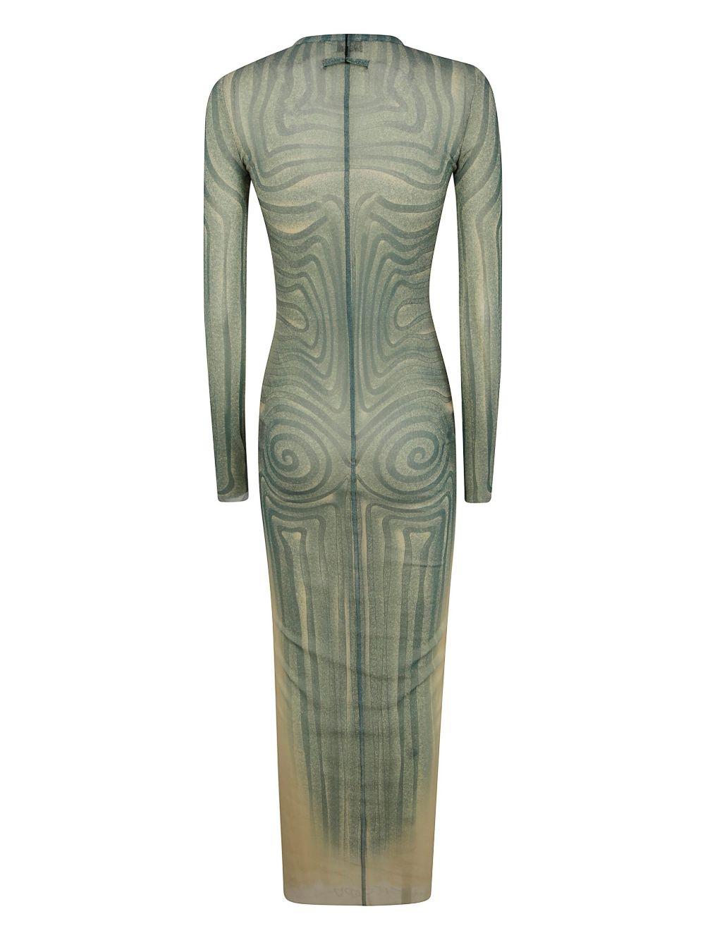 JEAN PAUL GAULTIER Mesh Long Dress With Spiral Print And Ruffles In Beige Product Image