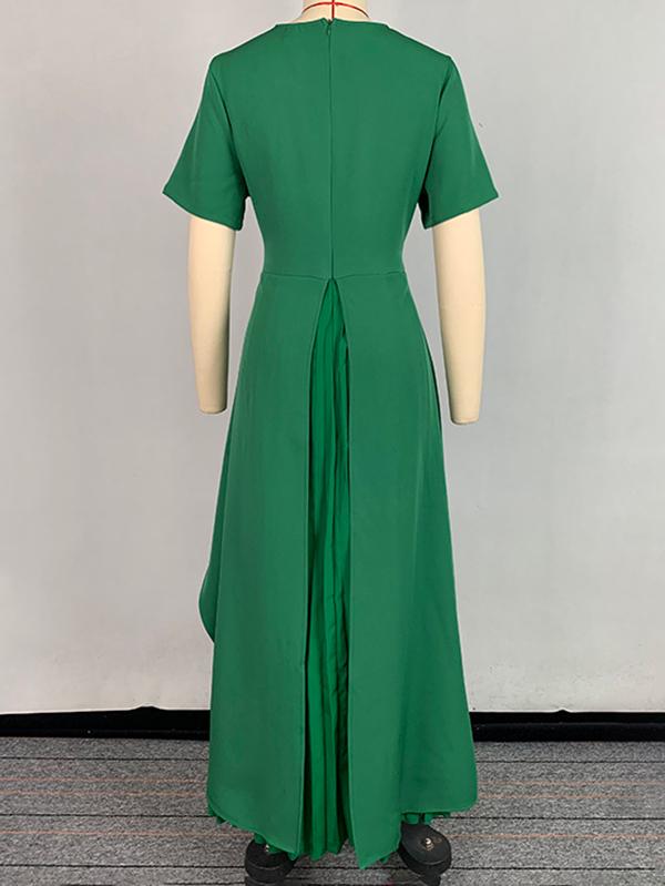 A-Line High Waisted Pleated Solid Color Split-Joint Round-Neck Maxi Dresses Product Image