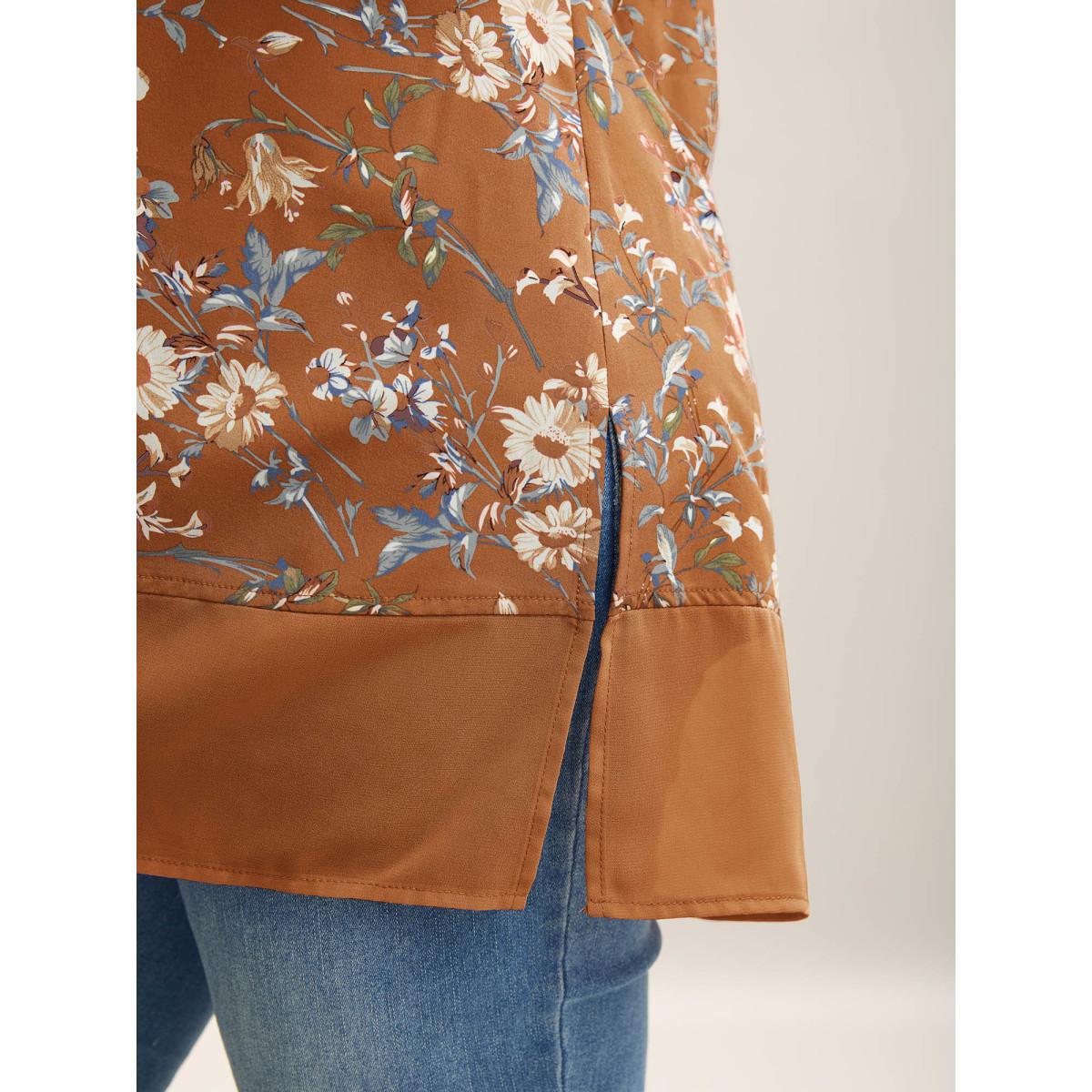 Plus Size Browncoffeecolor Garden Print Spliced V-Neck Blouse Women Romantic Short sleeve V-neck Elegant Blouses BloomChic 22-24/3X Product Image