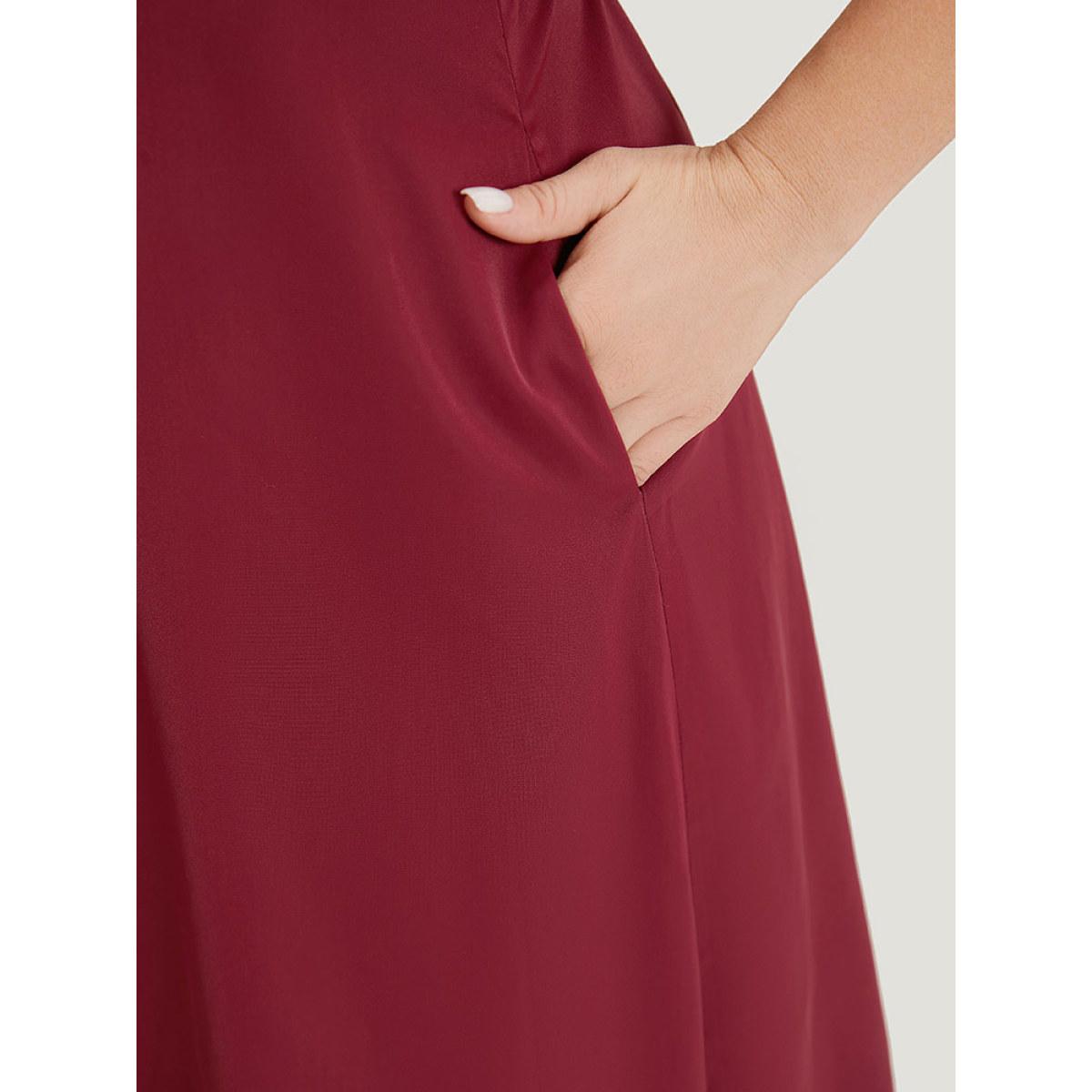 Plus Size Plain Ruffle Trim Pocket Cap Sleeve Midi Dress Scarlet Women Office Plain V-neck Sleeveless Curvy Midi Dress BloomChic 14-16/1X Product Image