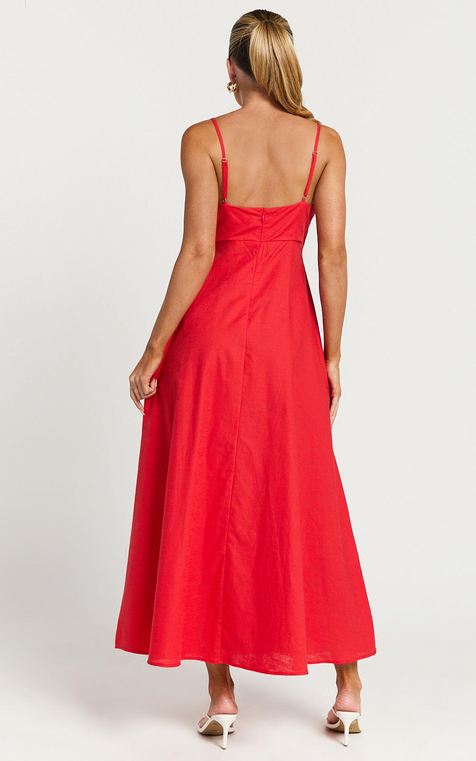 Brette Midi Dress - Linen Straight Neck Strappy Fit And Flare Dress in Red Product Image