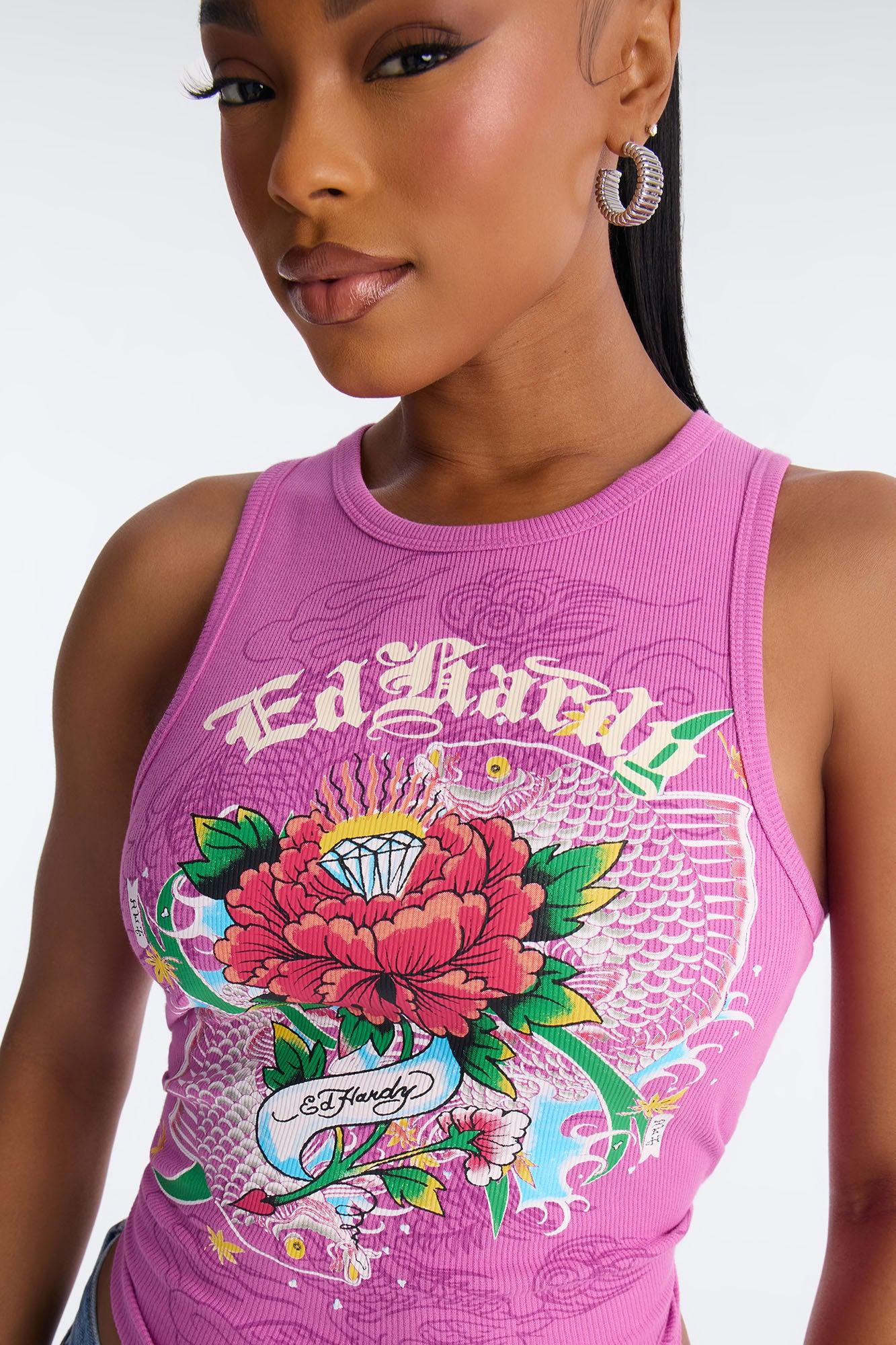 Ed Hardy Diamond Spring Flower Tank Top - Pink Female Product Image