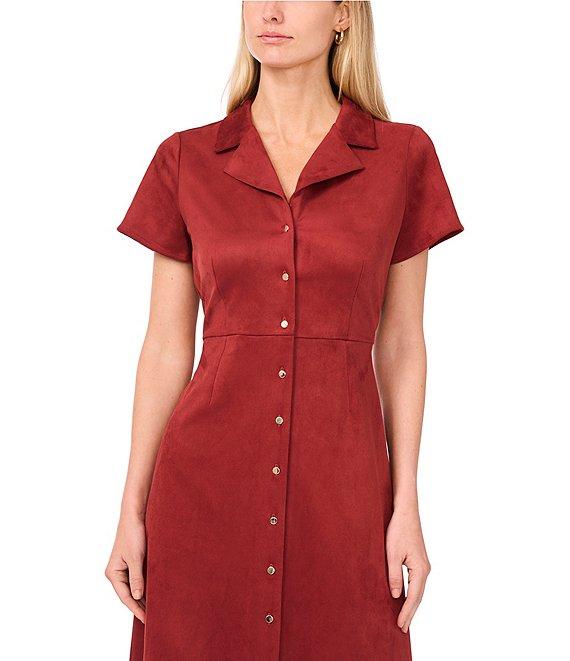 Vince Camuto Faux Suede Point Collar Short Sleeve Button Front Dress Product Image