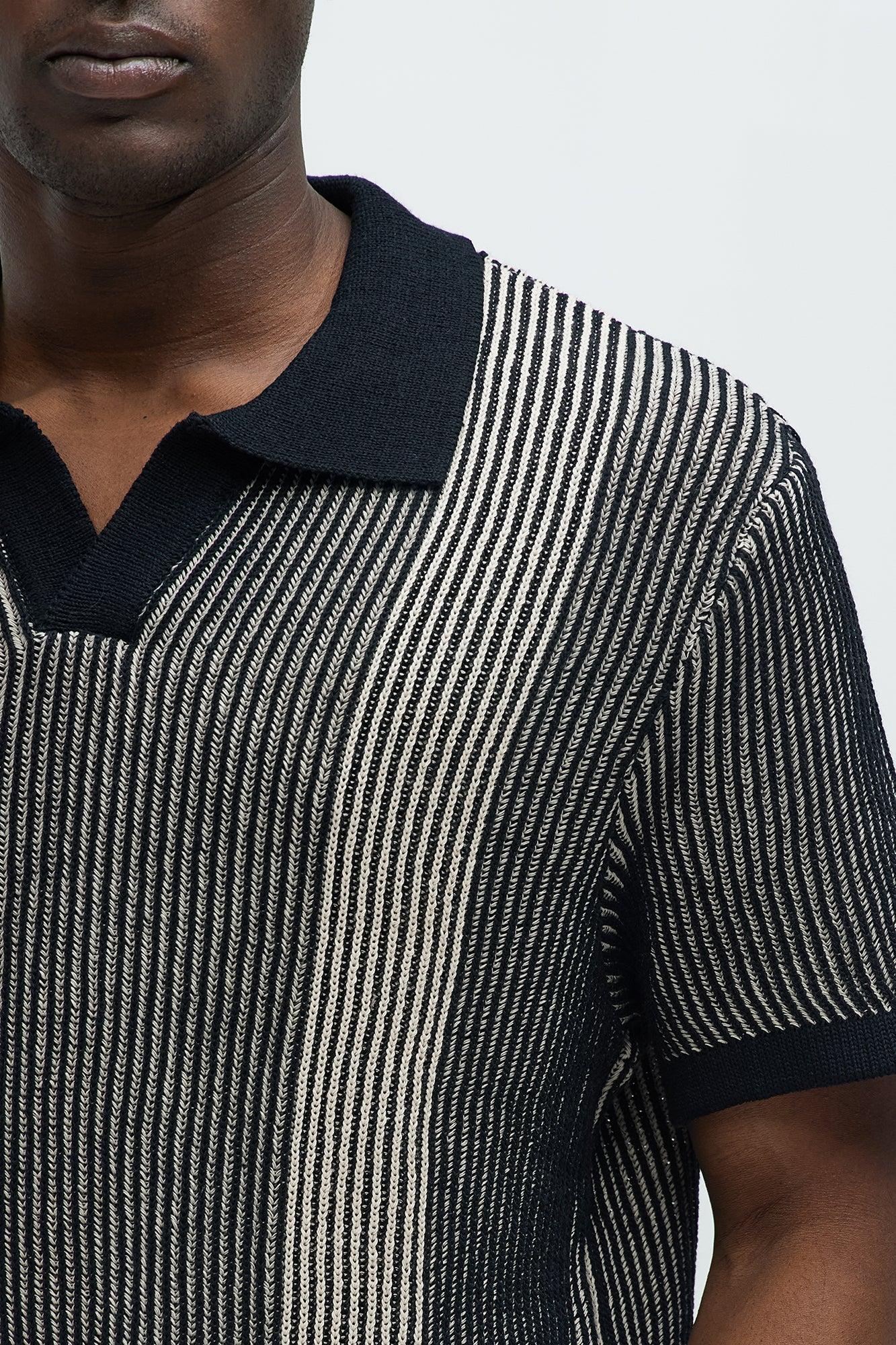 Braided Ribbed Knit Sweater Polo - Black/combo Product Image