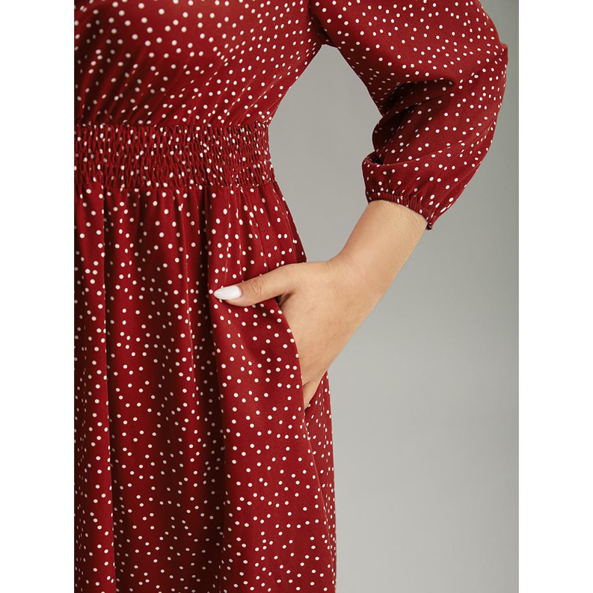 Plus Size Polka Dot Keyhole Pocket Mock Neck Dress Scarlet Women Elegant Elastic cuffs Mock Neck Elbow-length sleeve Curvy Midi Dress BloomChic 22-24/3X Product Image