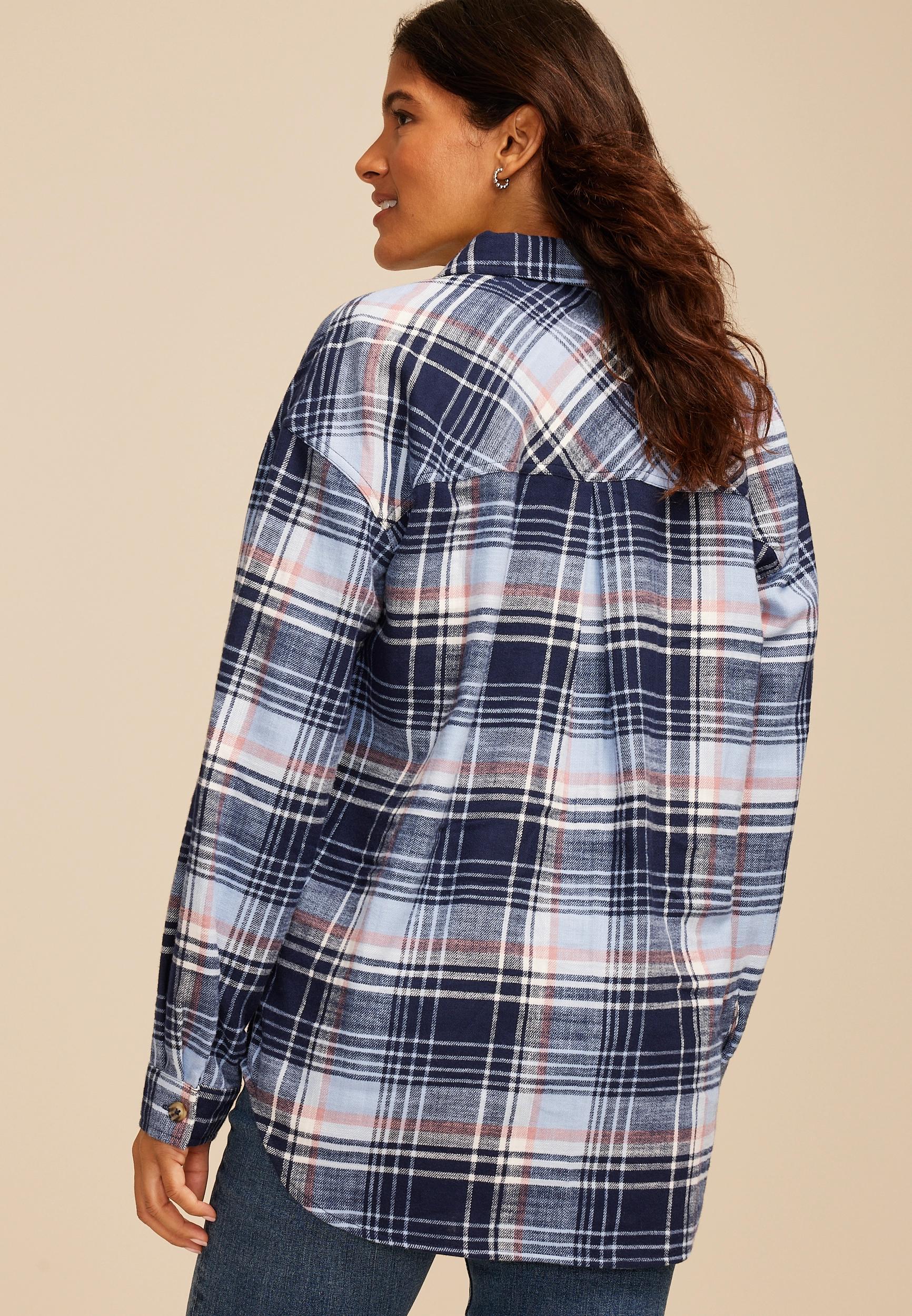 Cabin Plaid Boyfriend Tunic Button Down Shirt Product Image