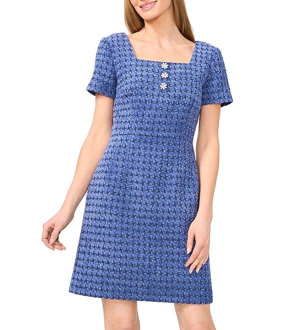 CeCe Tweed Square Neck Short Sleeve Embellished A-Line Dress Product Image