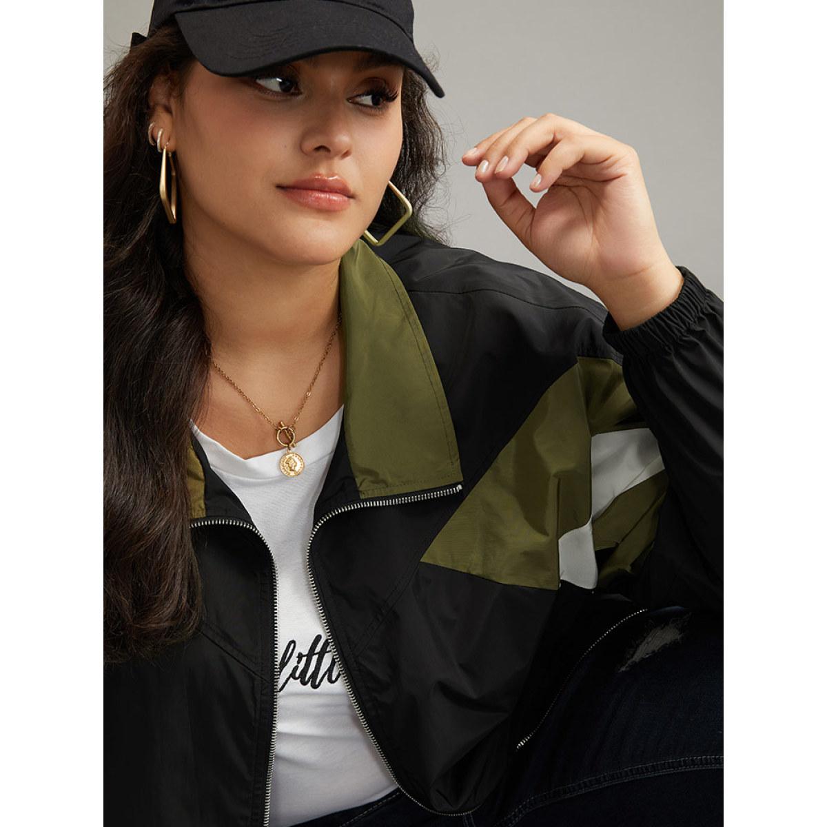 Plus Size Colorblock Patchwork Pocket Zipper Windbreaker Women Multicolor Contrast Pocket Everyday Jackets BloomChic 22-24/3X Product Image