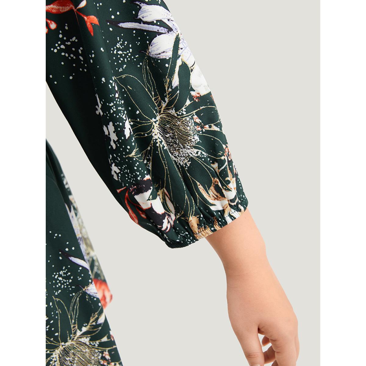 Plus Size DarkGreen Floral Print Knot Neck Pompom Trim Gathered Blouse Women Elegant Elbow-length sleeve Tie Neck Everyday Blouses BloomChic 12/L Product Image