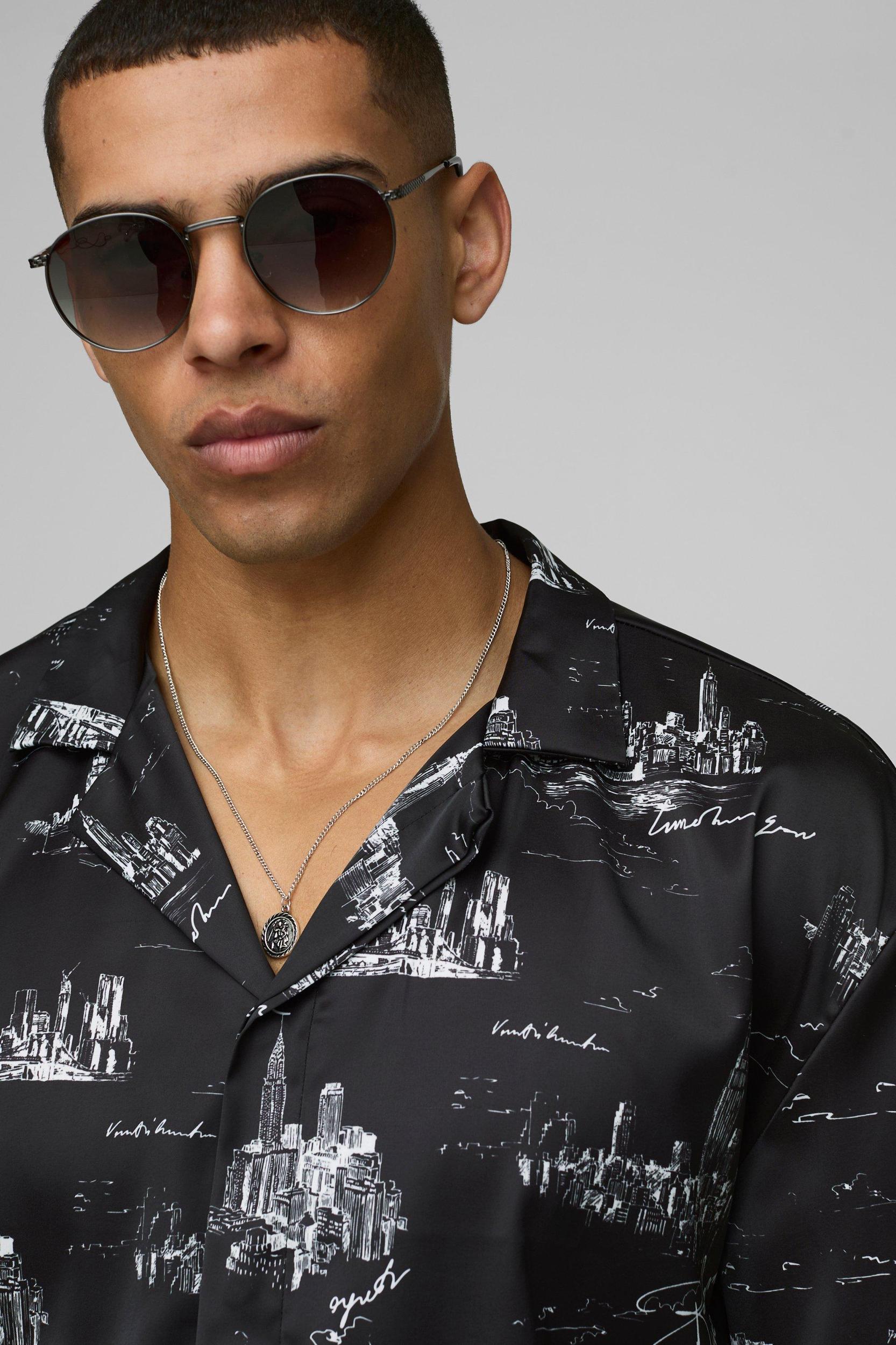 Oversized Scenic Print Satin Revere Shirt & Short Set | boohooMAN USA Product Image