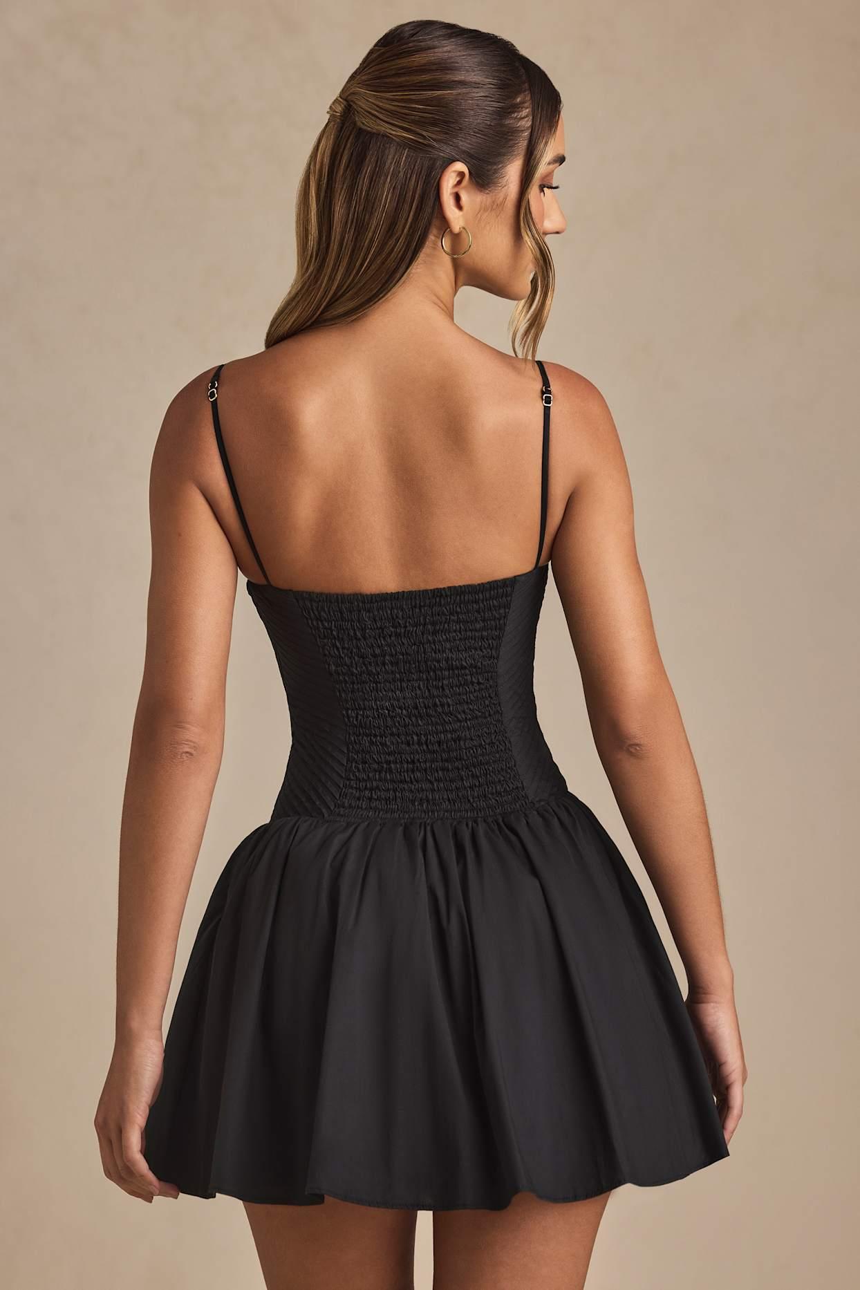 Pintucked Shirred Mini Dress in Black Product Image