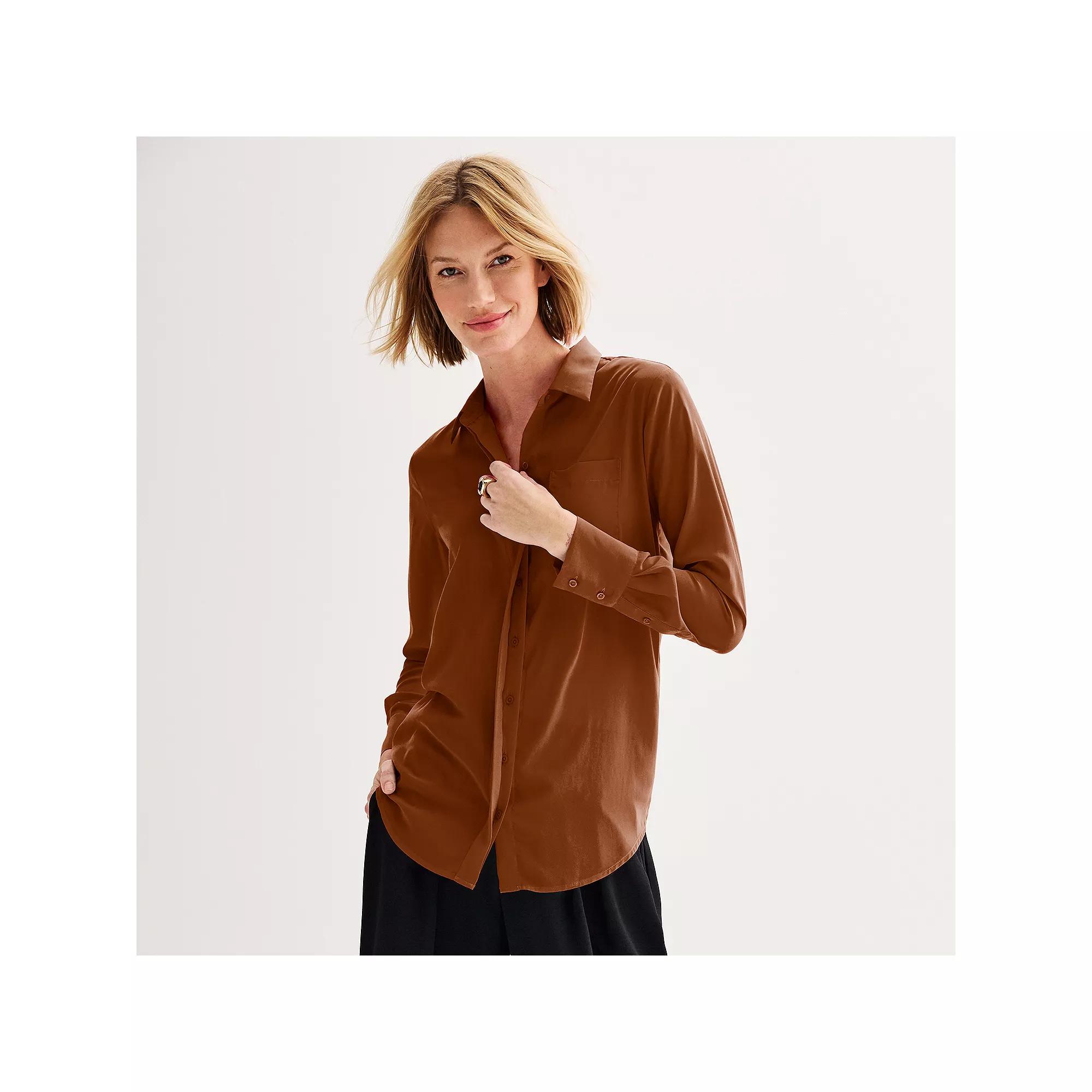 Women's Nine West Drapey Button Down Shirt, Size: XS, Bittersweet Brown Product Image