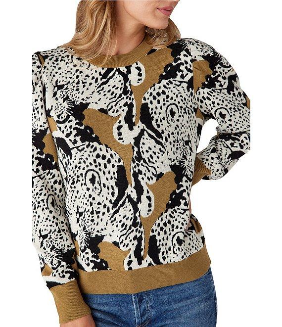 CROSBY by Mollie Burch Bixby Cashmere Blend Intarsia Leopard Crewneck Long Puff Sleeve Pullover Sweater Product Image