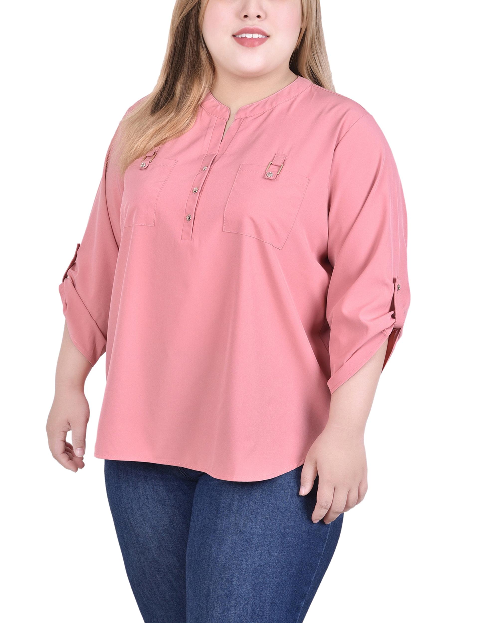 Pink 3/4 Tabbed Sleeve Y Neck Blouse - Plus Size Product Image