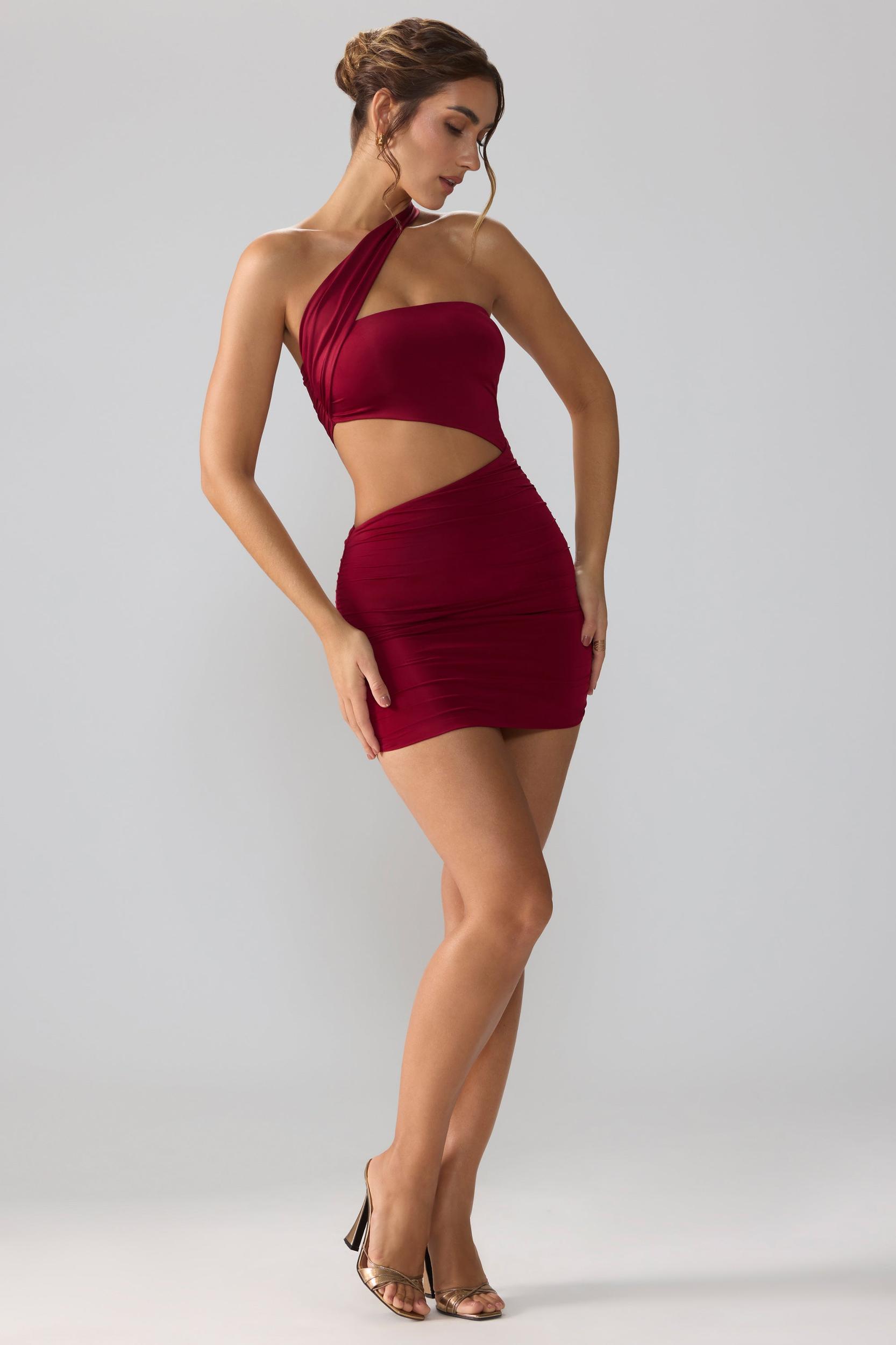 Slinky Jersey Ruched Cut Out Mini Dress in Ruby Product Image