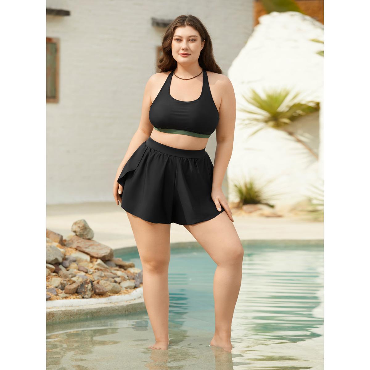 Plus Size Layered High-Waist Flared Swim Bottoms Women's Swimwear Black Beach Gathered High stretch Bodycon High Rise Curve Swim Bottoms BloomChic 30/6X Product Image