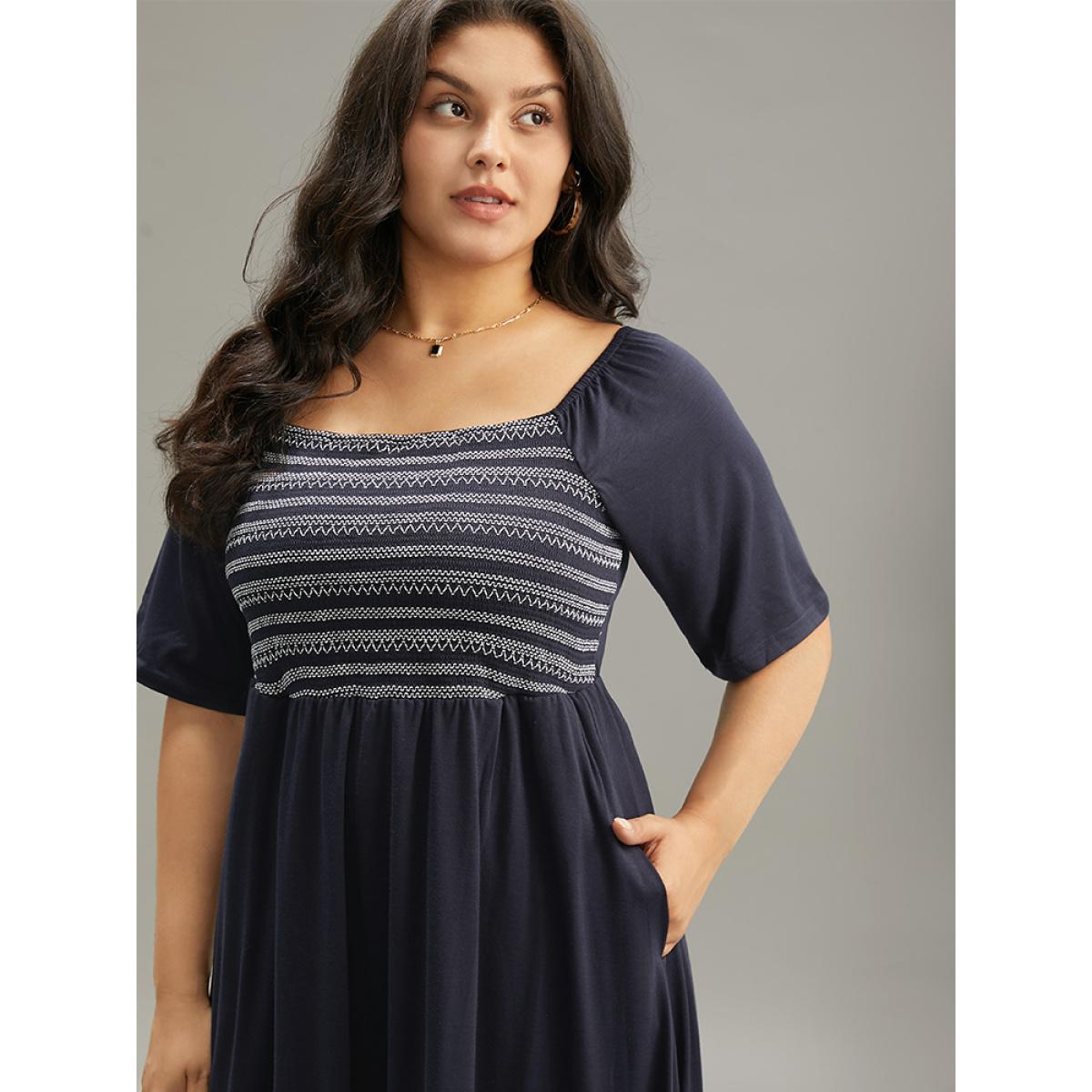 Plus Size Supersoft Essentials Striped Patchwork Pocket Gathered Square Neck Dress Indigo Women Casual Gathered Square Neck Short sleeve Curvy Midi Dress BloomChic 30/6X Product Image