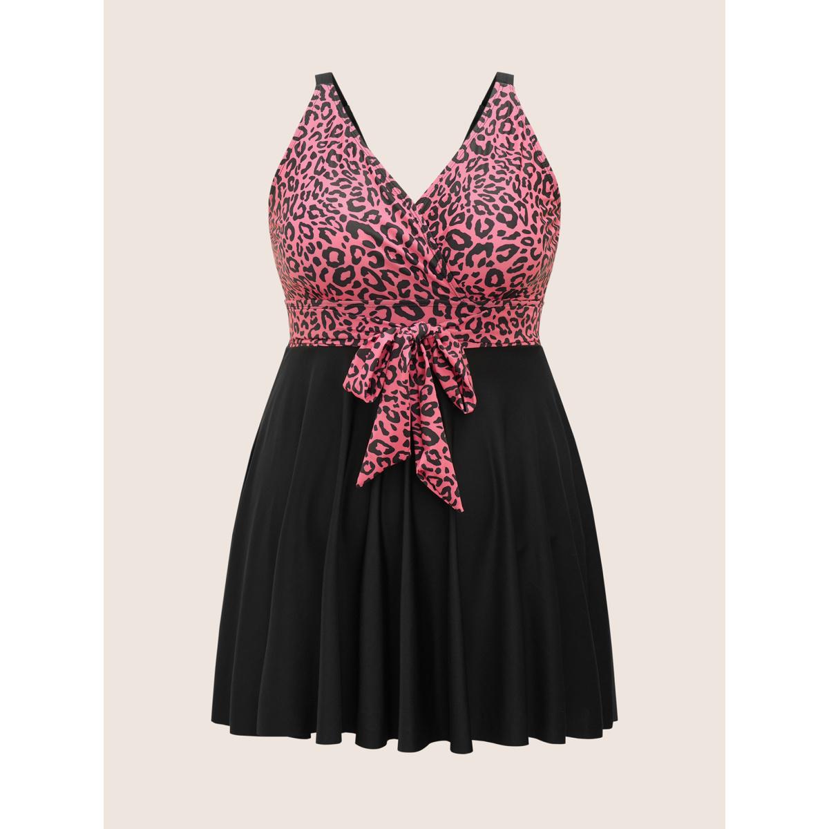 Plus Size Leopard Print Patchwork Tie Knot Swim Dress Women's Swimwear Leopard Beach Bodycon Overlap Collar High stretch Curve Swim Dresses BloomChic 14-16/1X Product Image