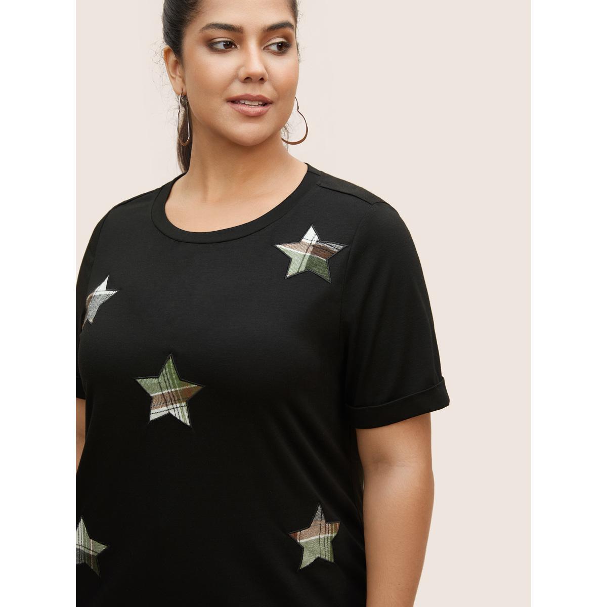 Plus Size Star Embroidered Patch Round Neck T-shirt Black Women Casual Contrast Star and moon Round Neck Everyday T-shirts BloomChic 18-20/2X Product Image
