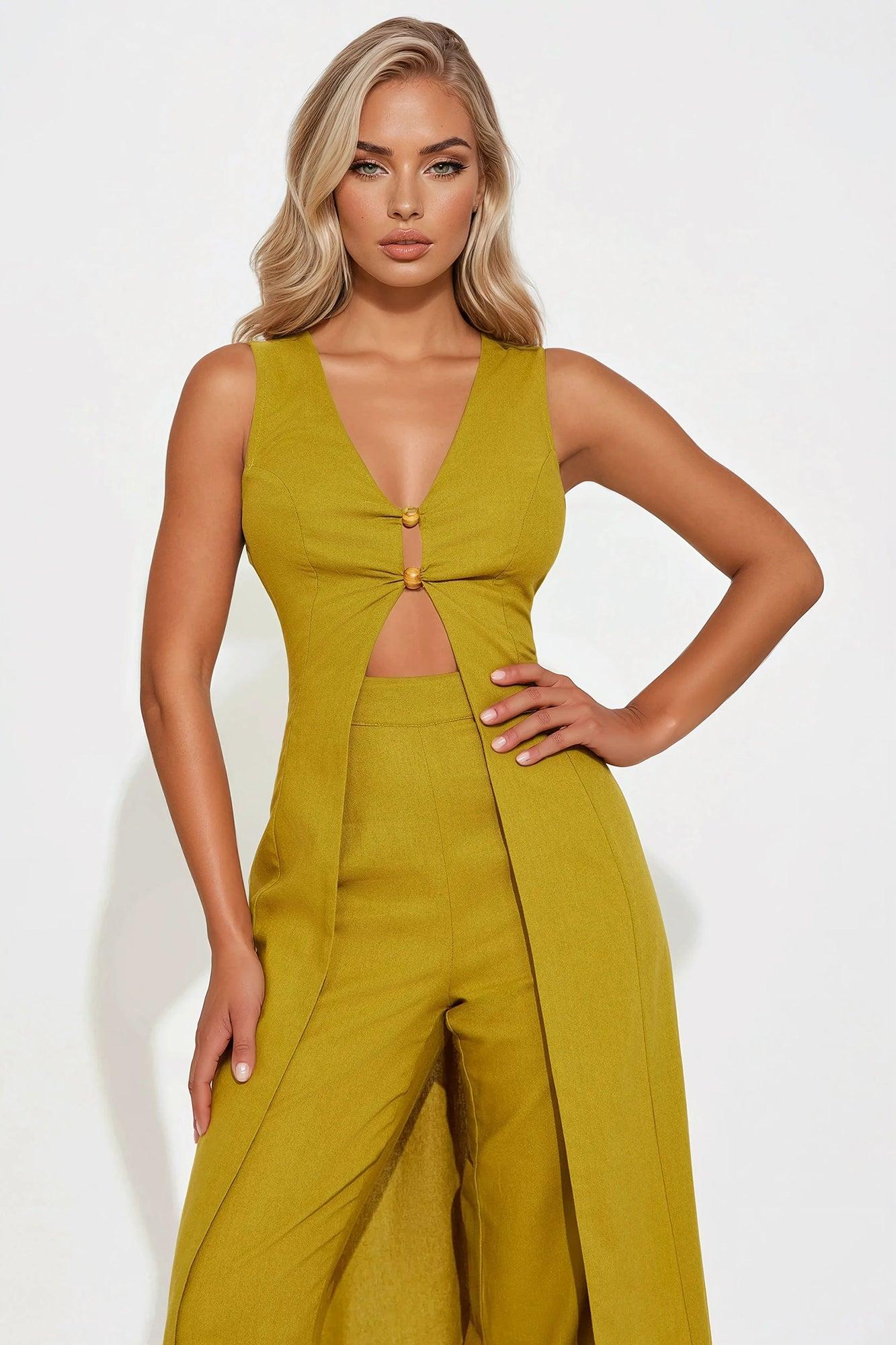 Summer Vacation Linen Pant Set - Lime Product Image