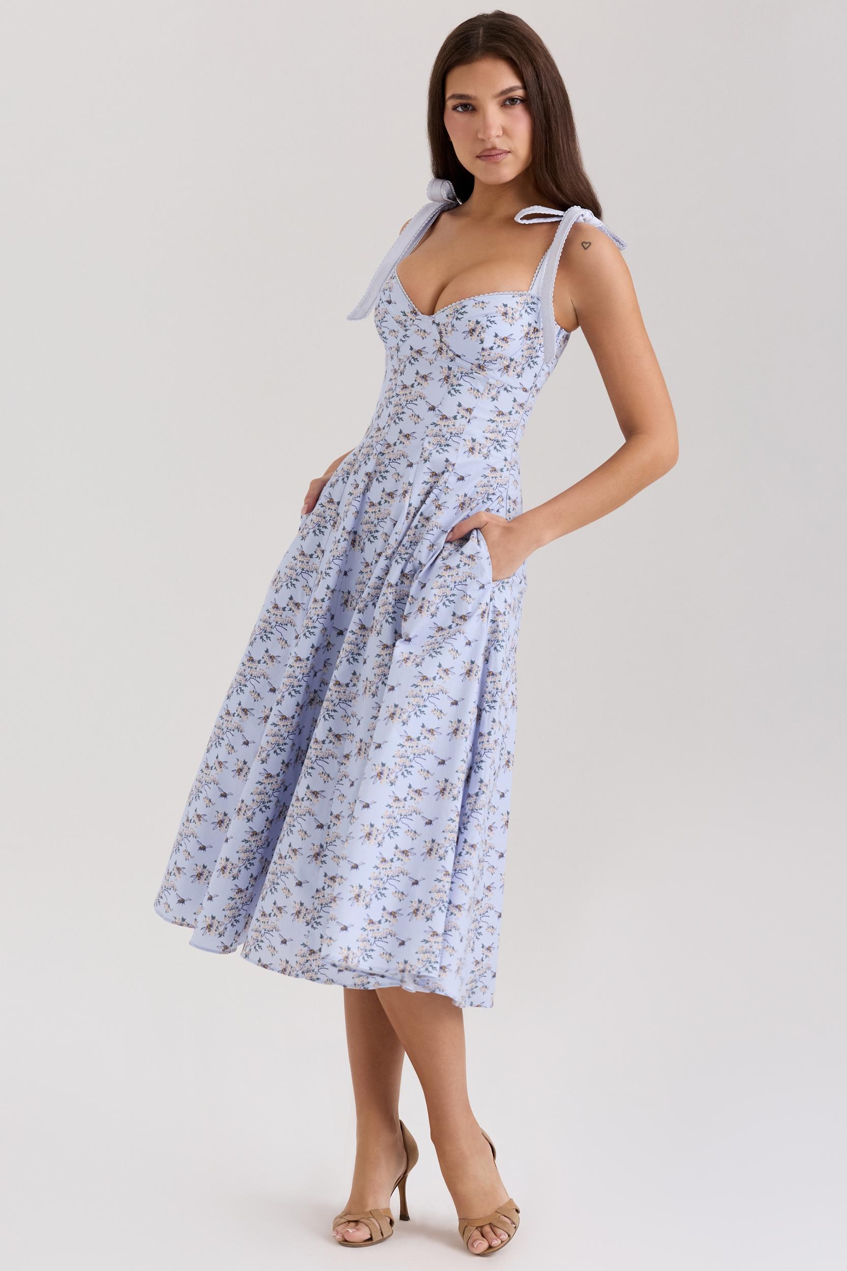 Emely  blue floral print stretch cotton midi sundress Product Image