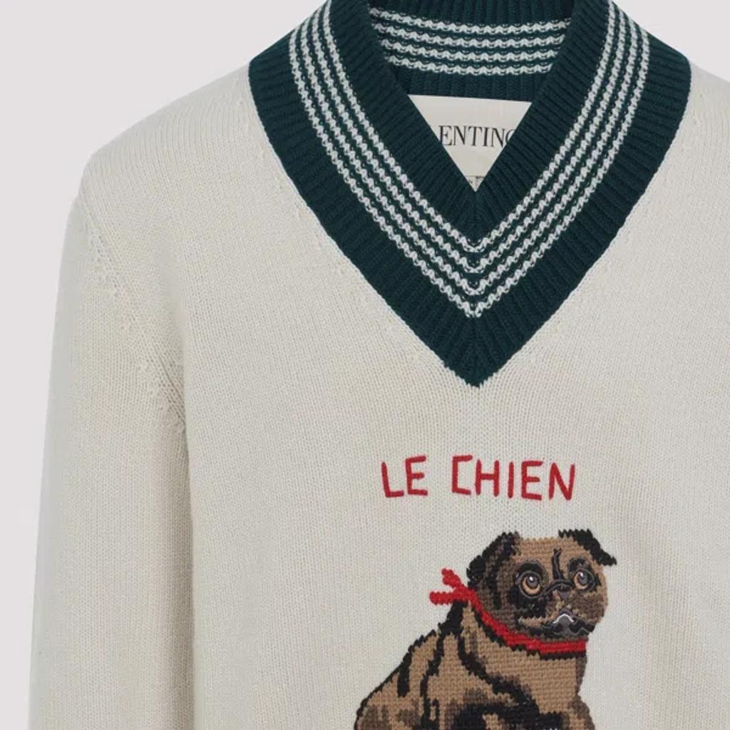 VALENTINO Embroidered V-neck Crewneck Sweater With Ribbed Trim In White Product Image