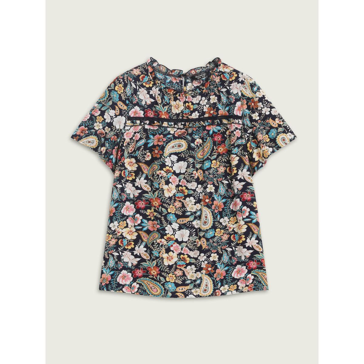 Plus Size Indigo Paisley Print Lace Ruffled Blouse Women Boho Short sleeve Mock Neck Vacation Blouses BloomChic 26/4X Product Image