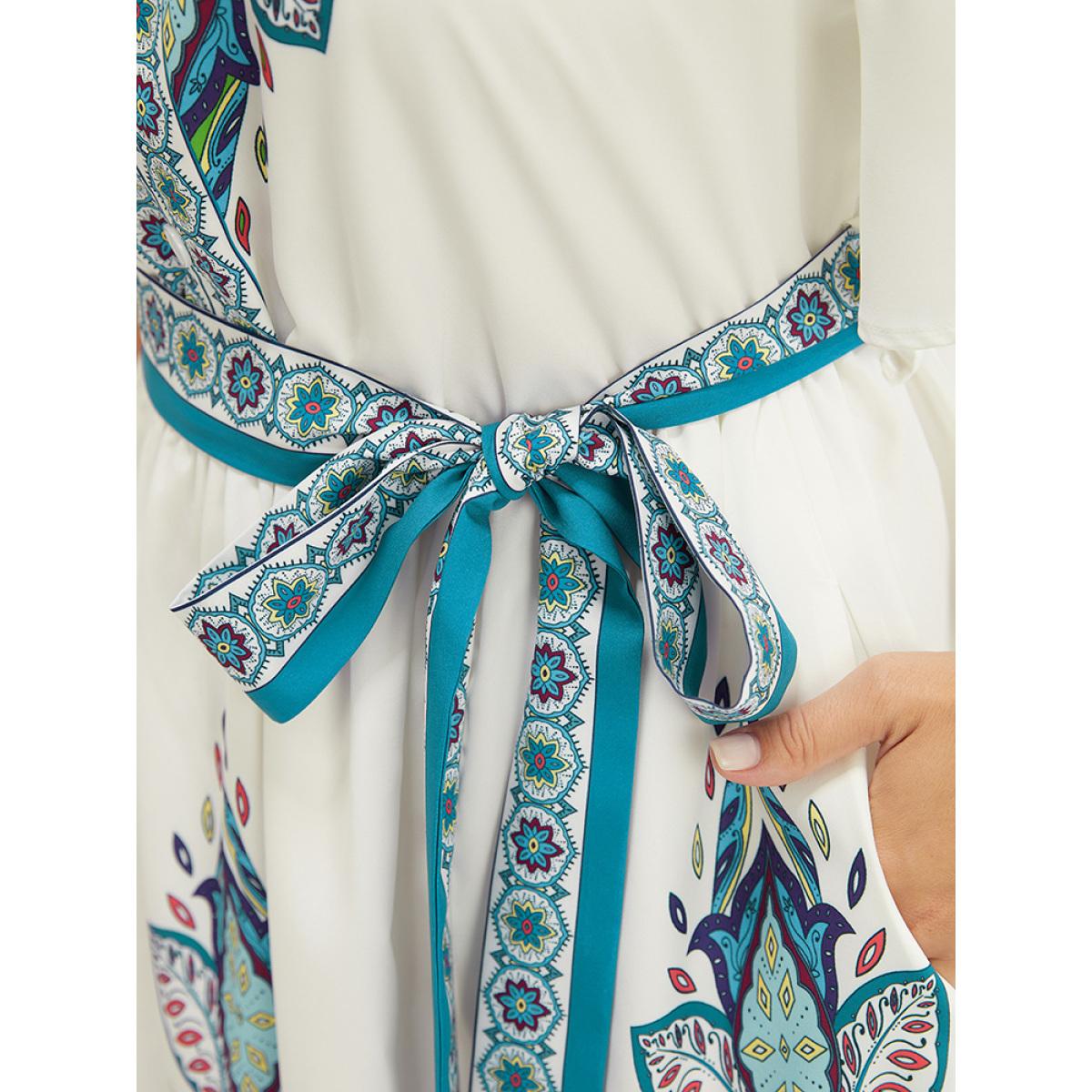 Plus Size Bandana Button Detail Pocket Belt Knee Dress Emerald Women Vacation Lined V-neck Short sleeve Curvy Knee Dress BloomChic 26/4X Product Image