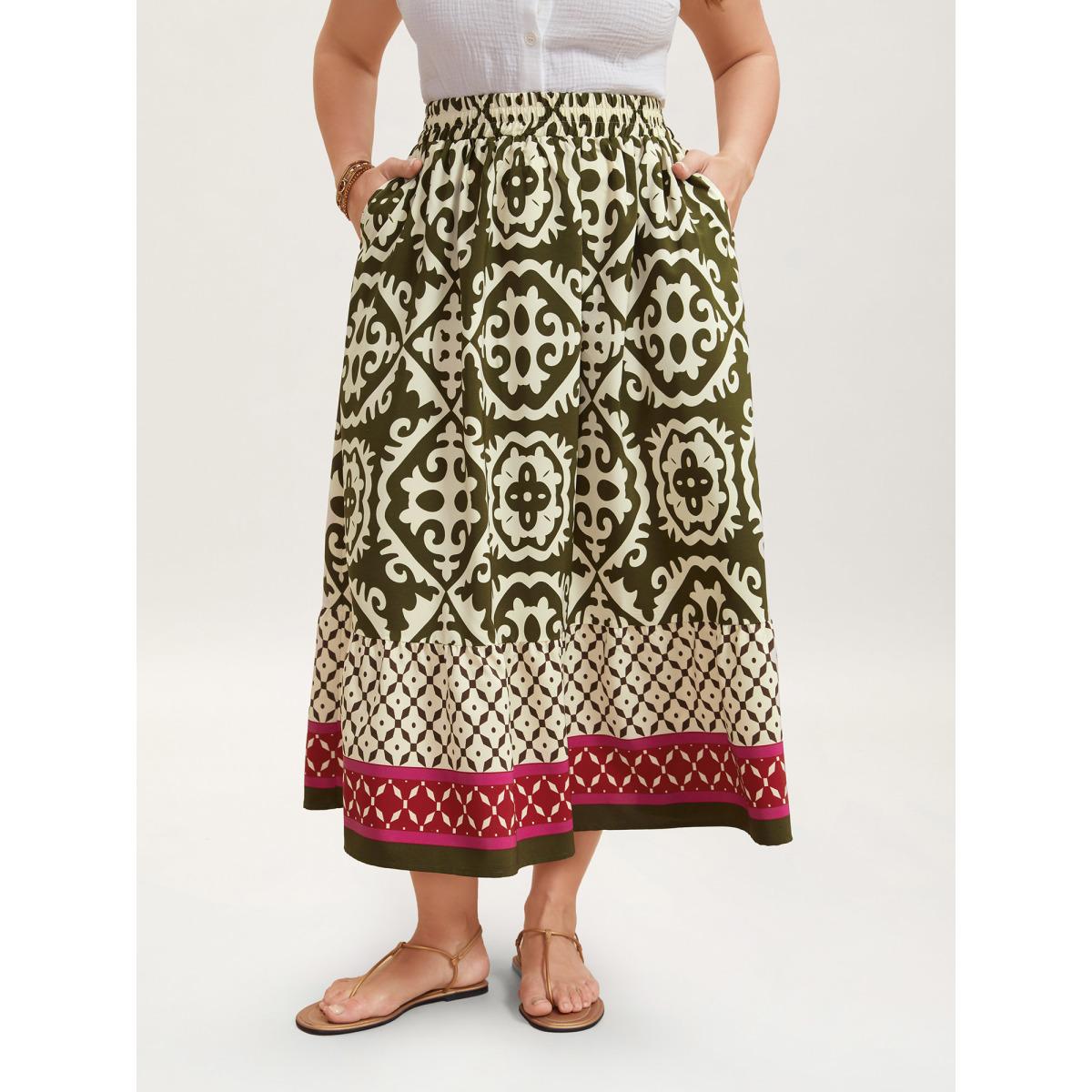 Plus Size Mixed Ornate Print Contrast Maxi Skirt Women Moss Resort Contrast Loose No stretch Slanted pocket Vacation Skirts BloomChic 14-16/1X Product Image