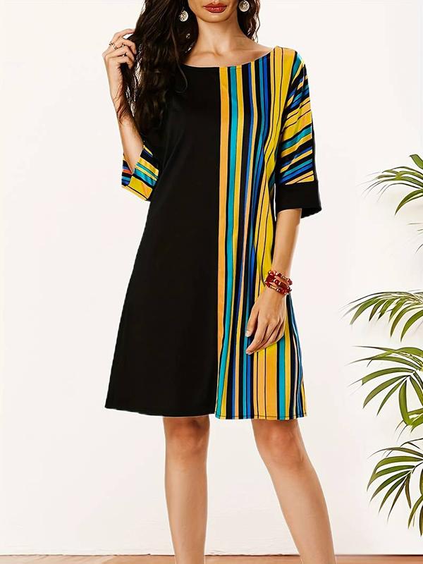 A-Line Half Sleeves Asymmetric Contrast Color Striped Round-Neck Mini Dresses Product Image