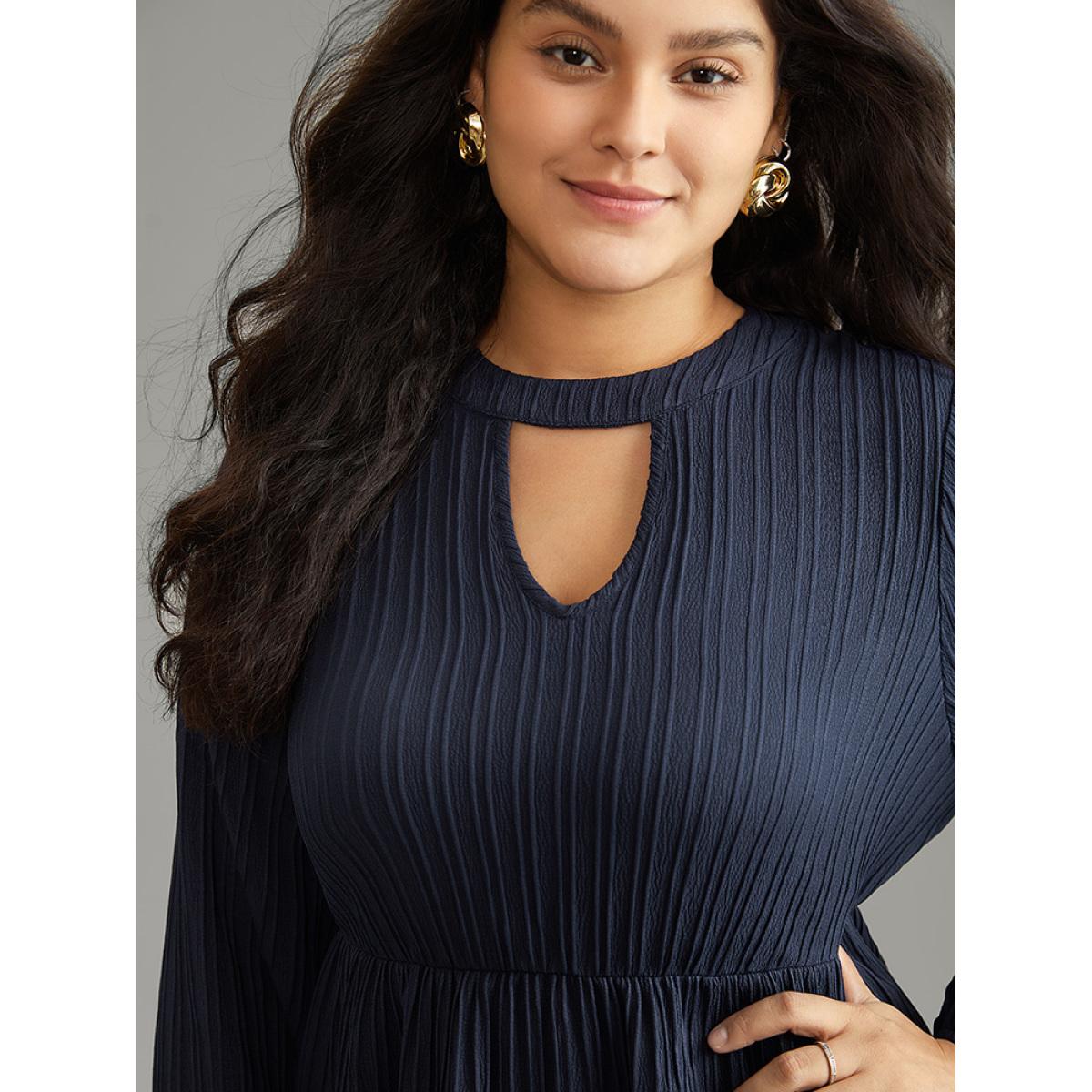 Plus Size Indigo Keyhole Textured Lantern Sleeve Layered Hem Blouse Women Casual Long Sleeve Keyhole Cut-Out Dailywear Blouses BloomChic 26/4X Product Image
