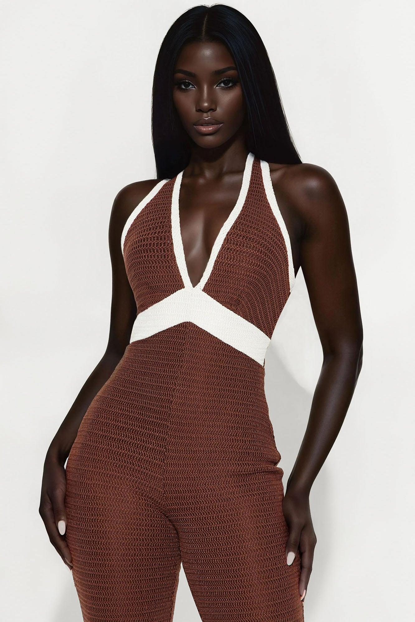 Extended Stay Crochet Jumpsuit - Chocolate/Combo Female Product Image