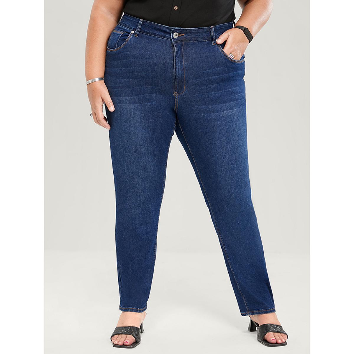 Plus Size Straight Very Stretchy High Rise Dark Wash Jeans Women DarkBlue Casual Plain Plain High stretch Pocket Jeans BloomChic 12/L Product Image