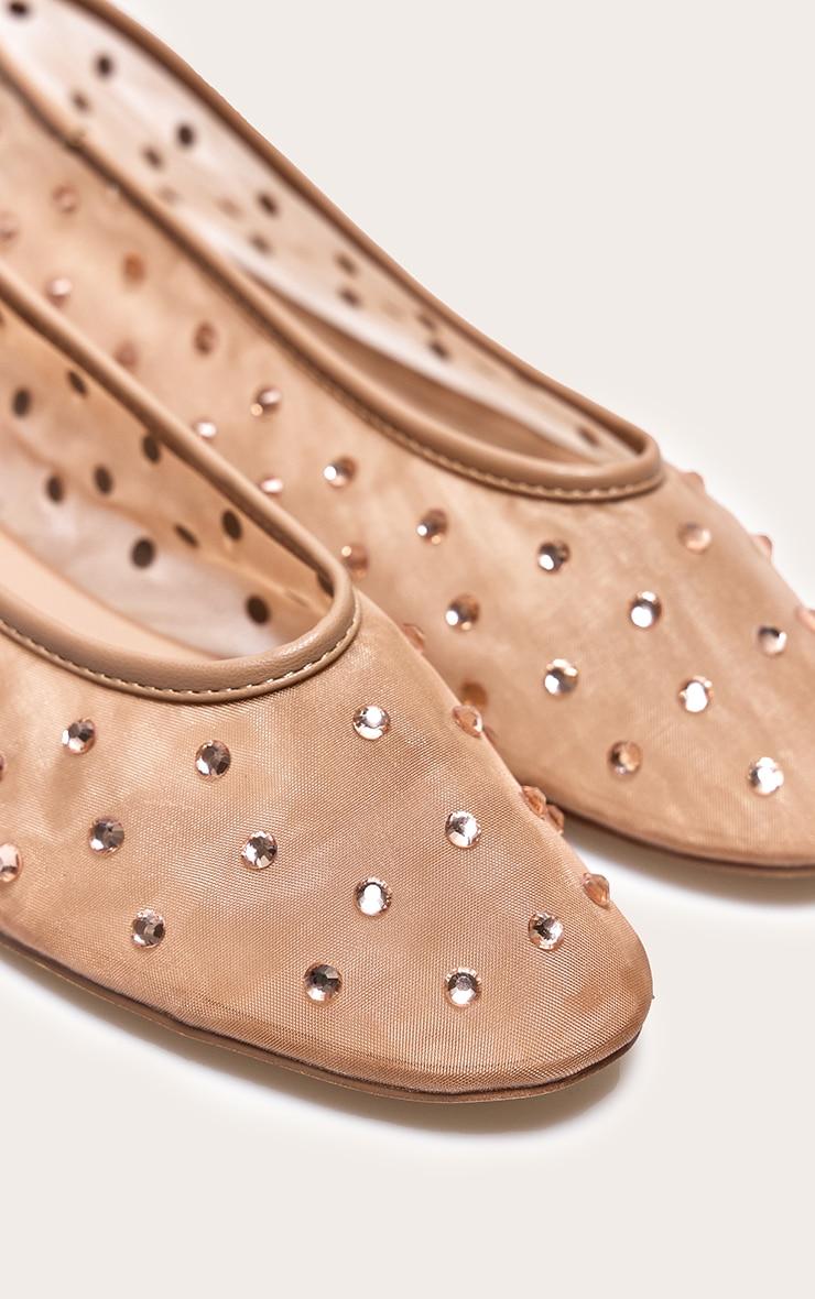 Nude Mesh Round Toe Diamante Stud Ballet Pumps Product Image