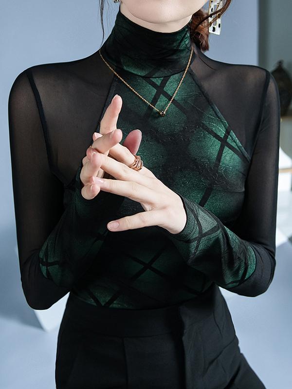 Long Sleeves Skinny Split-Joint High Neck T-Shirts Tops Product Image