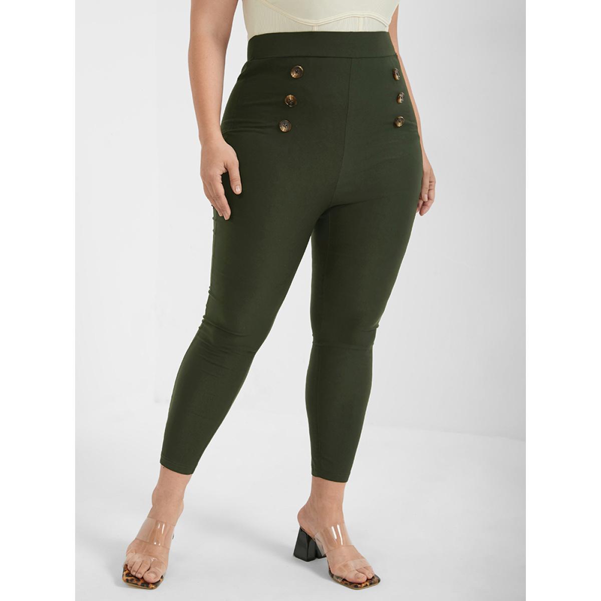 Plus Size Solid Button Skinny Pants Women ArmyGreen Office Skinny High Rise Office Pants BloomChic 26/4X Product Image