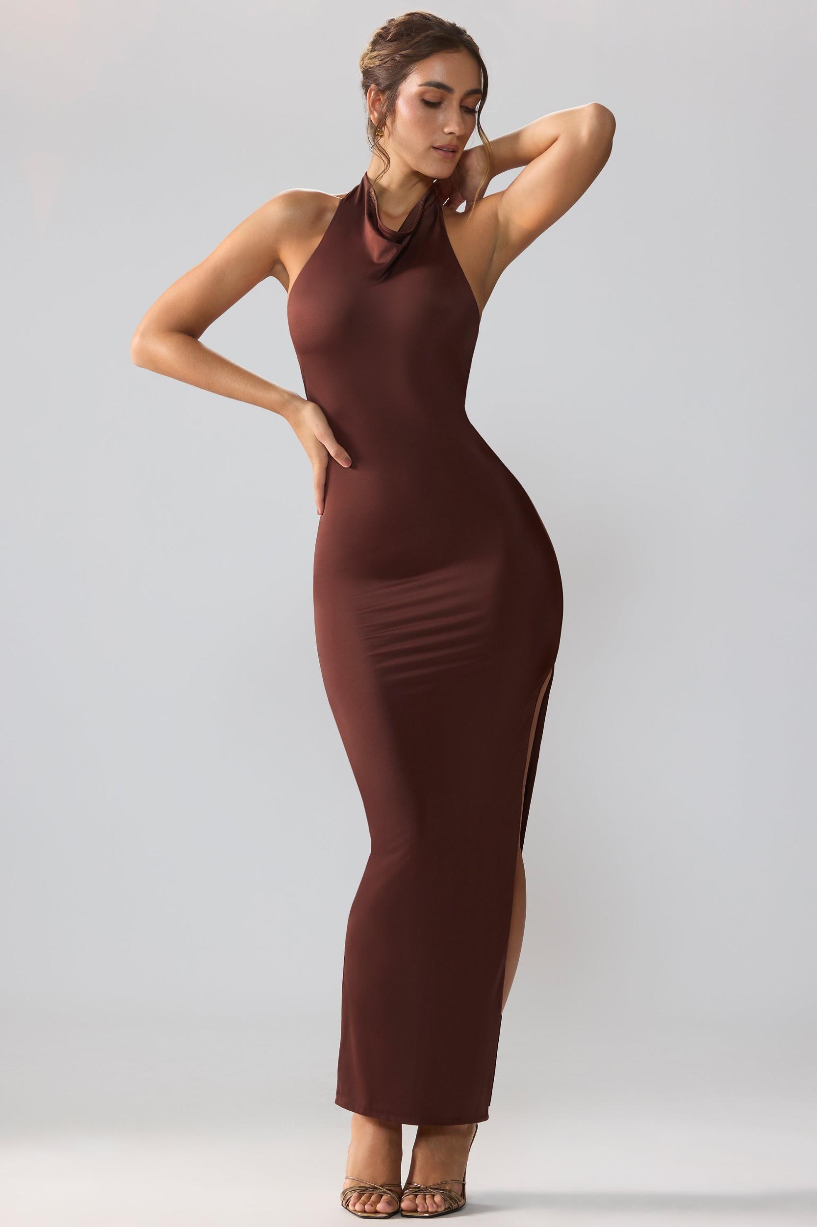 Premium Jersey Cowl Neck Backless Maxi Dress in Espresso Product Image