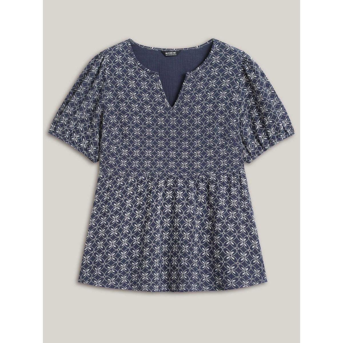 Plus Size Indigo Cotton Geometric Print Puff Sleeve Babydoll Top Women Boho Short sleeve Notched collar Vacation Blouses BloomChic 14-16/1X Product Image