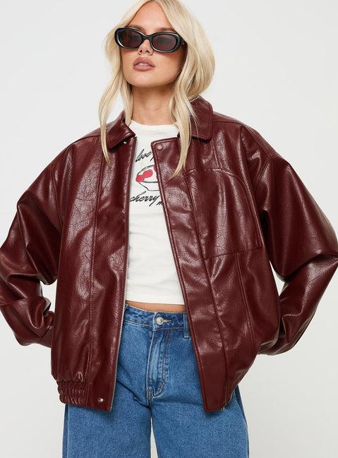 Devija Faux Leather Jacket Burgundy Product Image