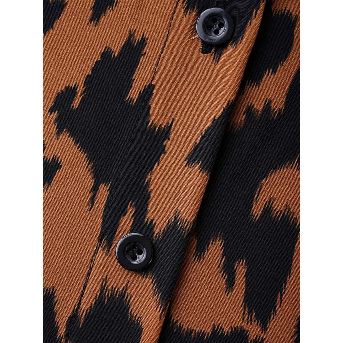 Plus Size Leopard Print Stretchy Waist Belted Dress Yellowishbrown Women Elegant Belted Stand-up collar Long Sleeve Curvy BloomChic 12/L Product Image