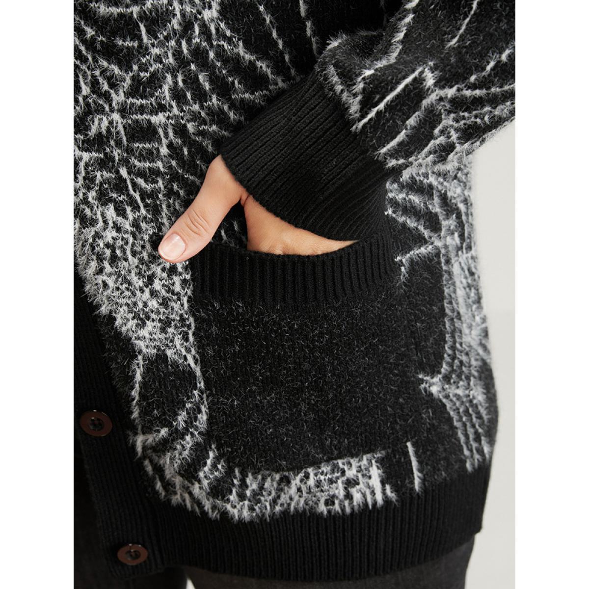 Plus Size Spider Web Plush Knit Pocket Button Front Cardigan BlackFlower Women Elegant Loose Long Sleeve Dailywear Cardigans BloomChic 26/4X Product Image