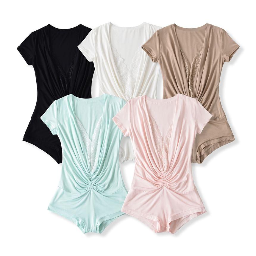 Short-Sleeve V-Neck Plain Lace Panel Slim Fit Romper Product Image