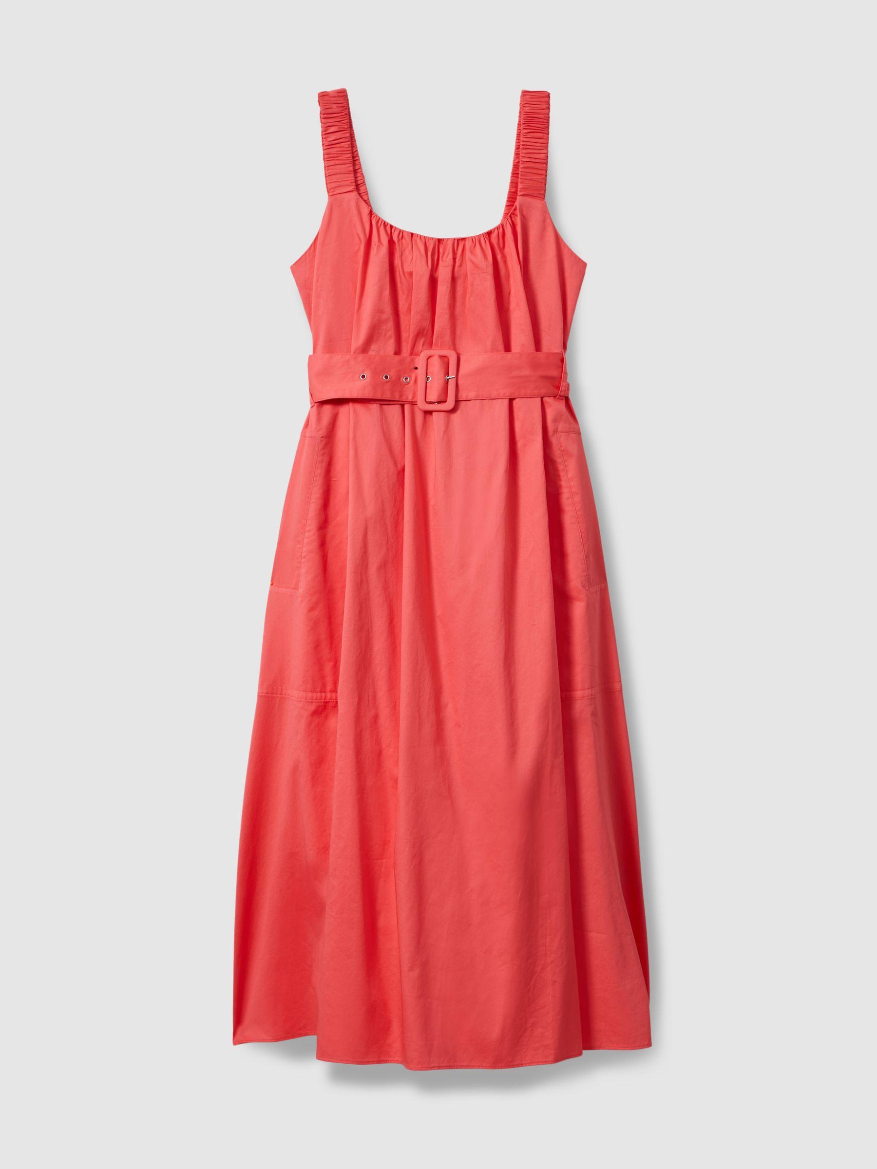 Cotton Ruched Strap Belted Midi Dress in Coral Product Image