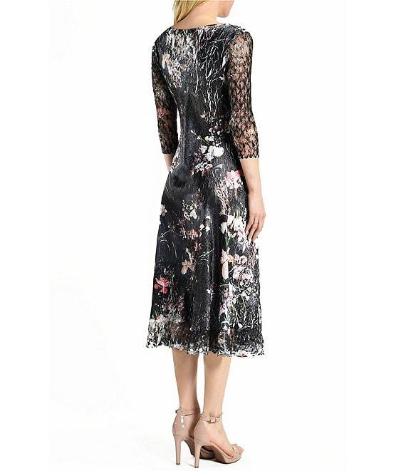 Komarov Pleated Charmeuse V Neckline Lace 3/4 Sleeve A Line Midi Dress Product Image