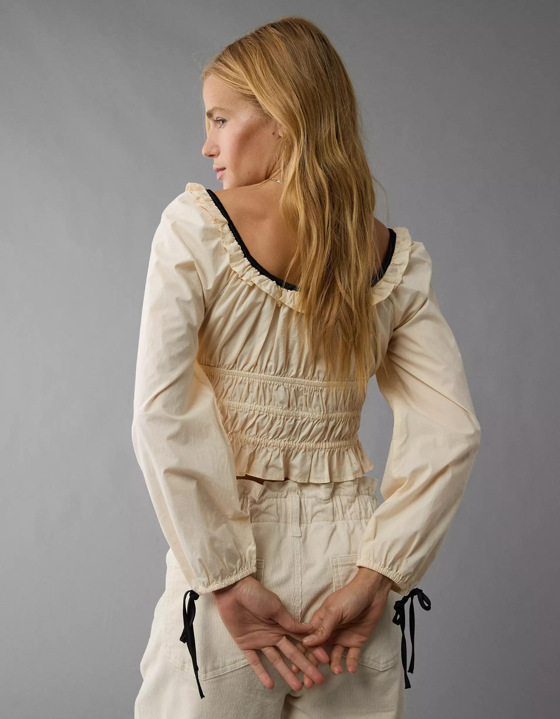 AE Long-Sleeve Ruched Poplin Blouse Product Image